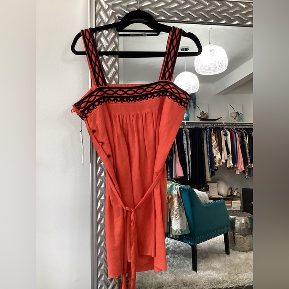 Milly Cabana Sz M orange dress with navy appliqué side button up back tie - Picture 4 of 5